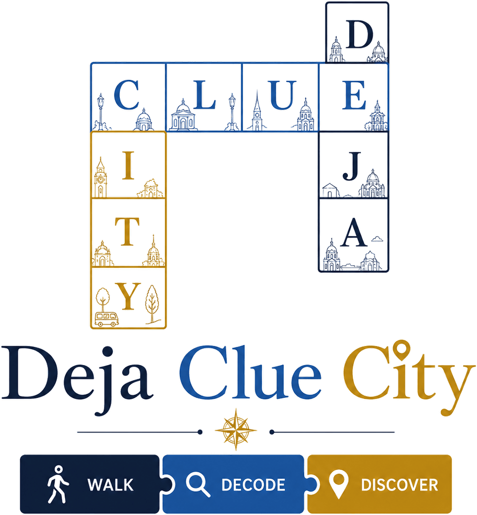 Deja Clue City — a crossword of Deja, Clue and City with the tagline Walk, Decode, Discover